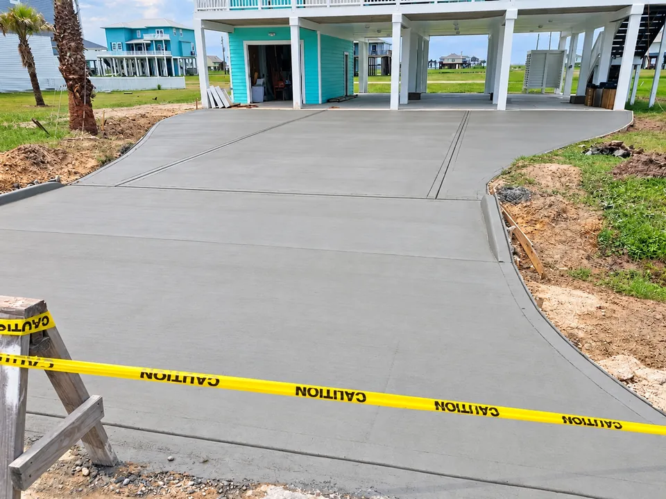 Finished concrete driveway under a raised coastal house