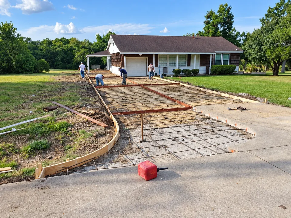 Rebar and curved wood forms set for a new driveway in front of a house
