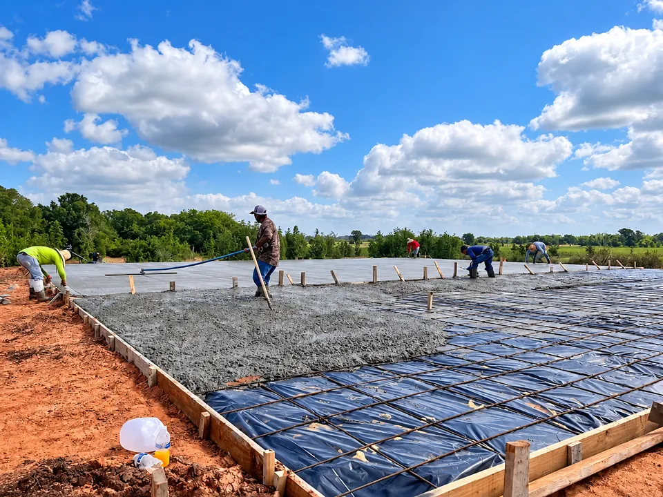 Crew placing concrete over rebar and a vapor barrier inside wood forms