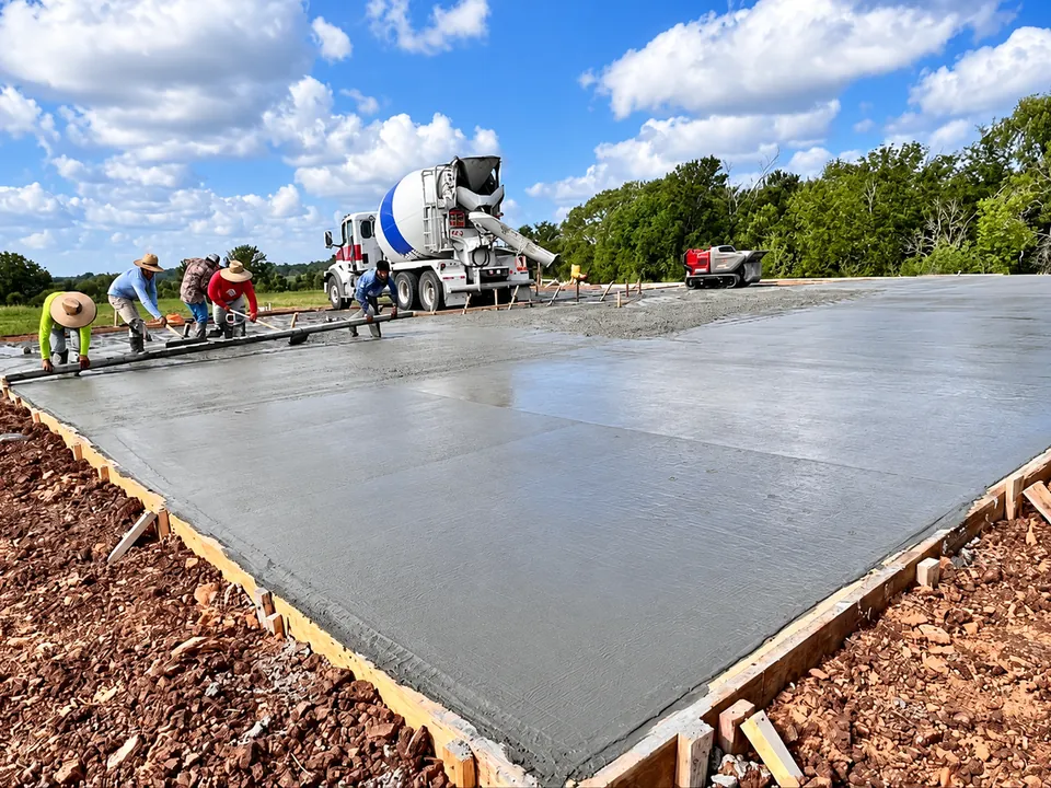Crew screeding a large concrete slab while a mixer truck pours